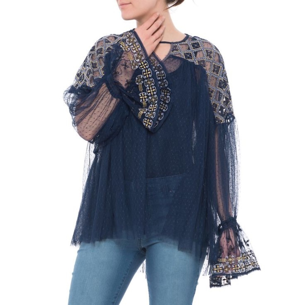 FREE PEOPLE Navy Sheer Boho Long Sleeve Top